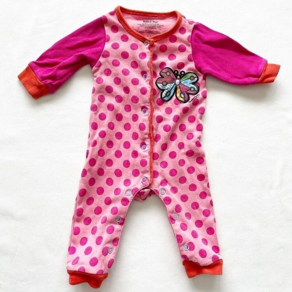 Britto Infant Girls Pink Polka Dot Butterfly Footless Romper 0-6M 100% Cotton